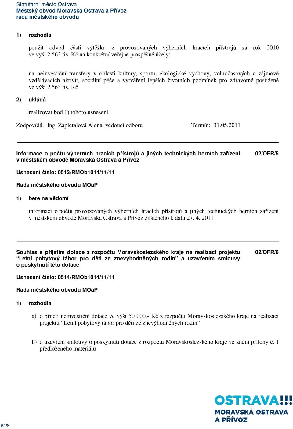 životních podmínek pro zdravotně postižené ve výši 2 563 tis. Kč Zodpovídá: Ing. Zapletalová Alena, vedoucí odboru Termín: 31.05.