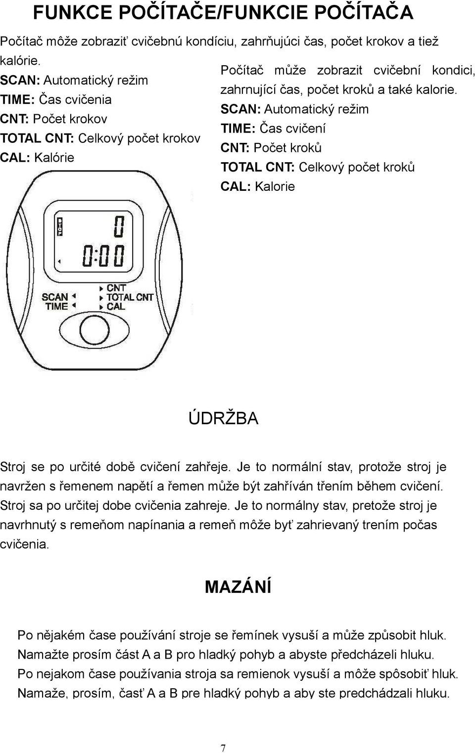 TIME: Čas cvičenia SCAN: Automatický režim CNT: Počet krokov TIME: Čas cvičení TOTAL CNT: Celkový počet krokov CNT: Počet kroků CAL: Kalórie TOTAL CNT: Celkový počet kroků CAL: Kalorie ÚDRŽBA Stroj