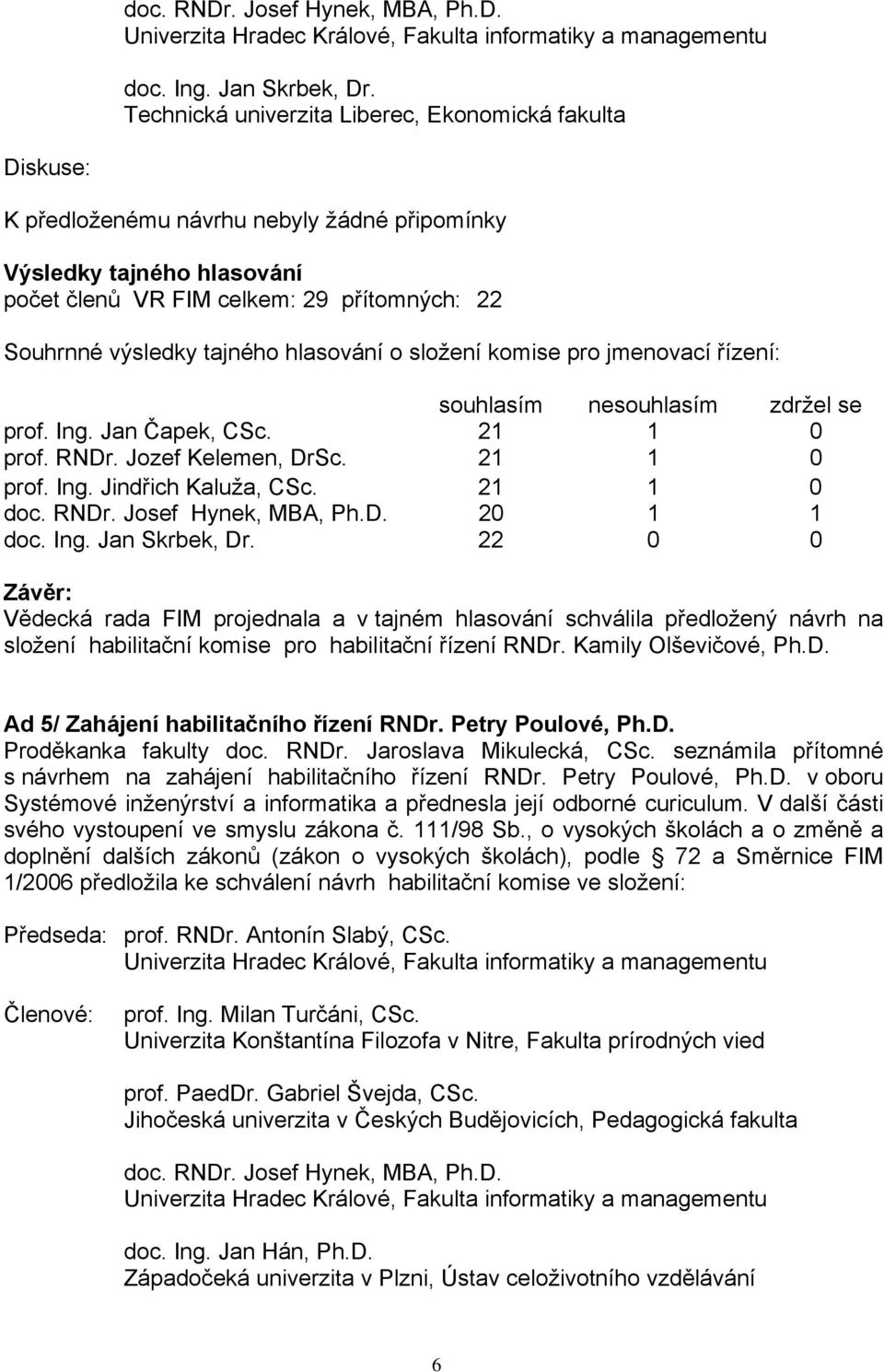 tajného hlasování o složení komise pro jmenovací řízení: souhlasím nesouhlasím zdržel se prof. Ing. Jan Čapek, CSc. 21 1 0 prof. RNDr. Jozef Kelemen, DrSc. 21 1 0 prof. Ing. Jindřich Kaluža, CSc.