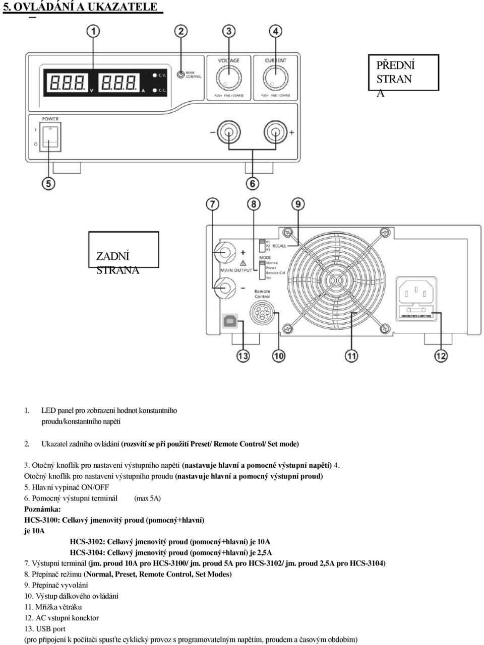 Otočný knoflík pro nastavení výstupního proudu (nastavuje hlavní a pomocný výstupní proud) 5. Hlavní vypínač ON/OFF 6.