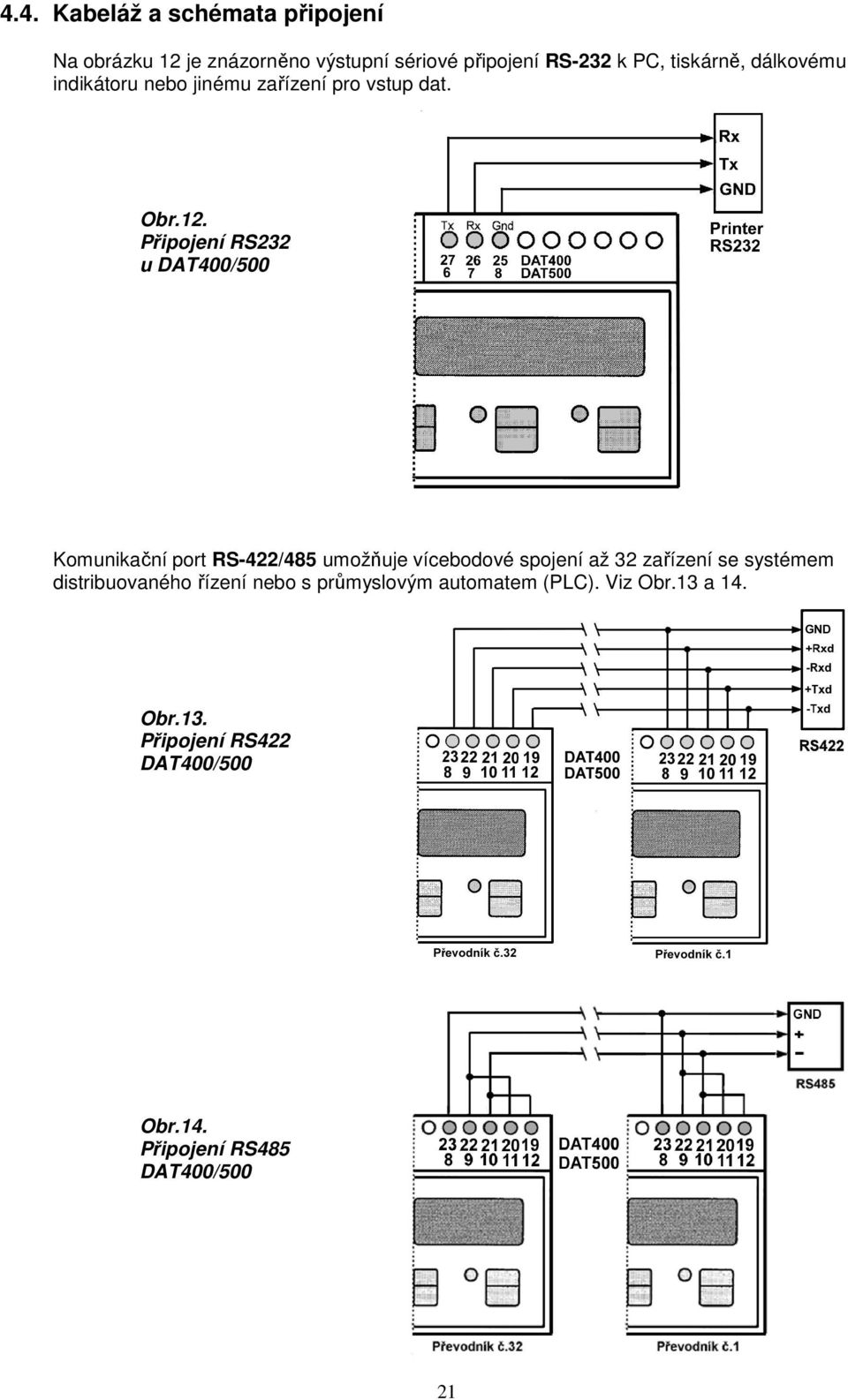 Připojení RS232 u DAT400/500 Komunikační port RS-422/485 umožňuje vícebodové spojení až 32 zařízení se