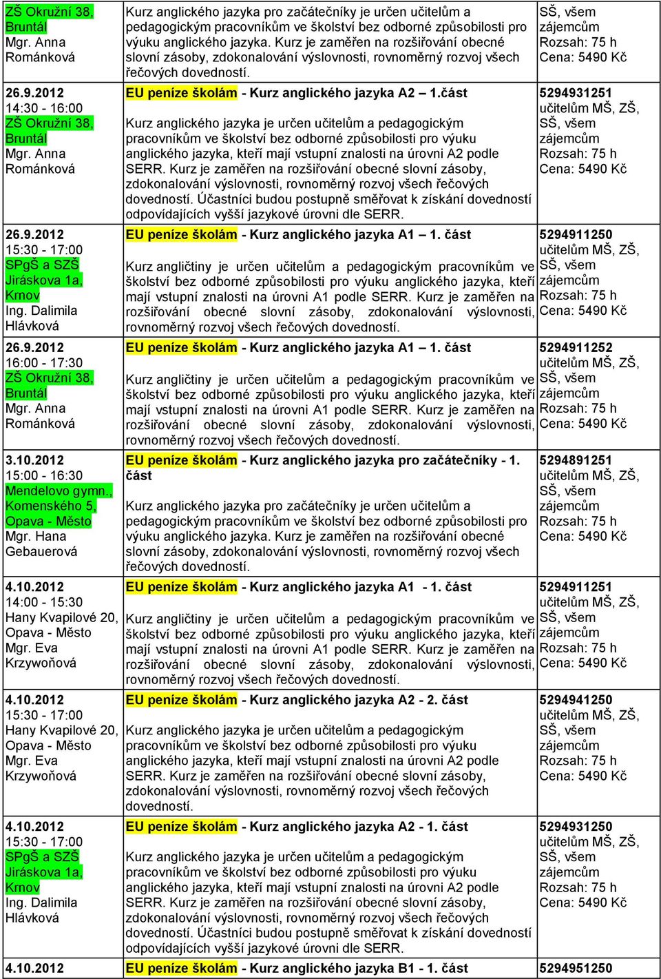 Účastníci budou postupně směřovat k získání dovedností odpovídajících vyšší jazykové úrovni dle SERR. 5294931251 MŠ, ZŠ, EU peníze školám - Kurz anglického jazyka A1 1.