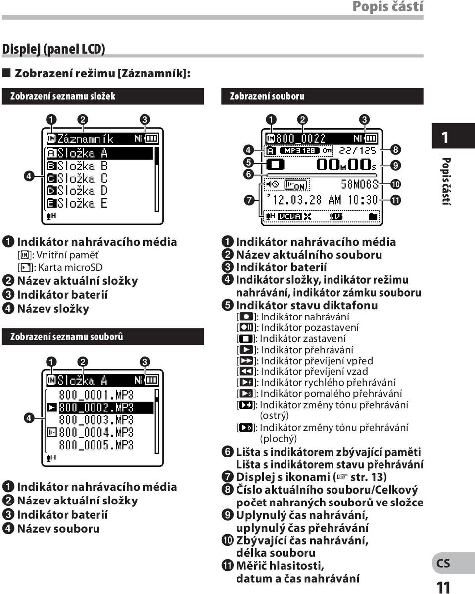 média 2 Název aktuální složky 3 Indikátor baterií 4 Název souboru 1 Indikátor nahrávacího média 2 Název aktuálního souboru 3 Indikátor baterií 4 Indikátor složky, indikátor režimu nahrávání,