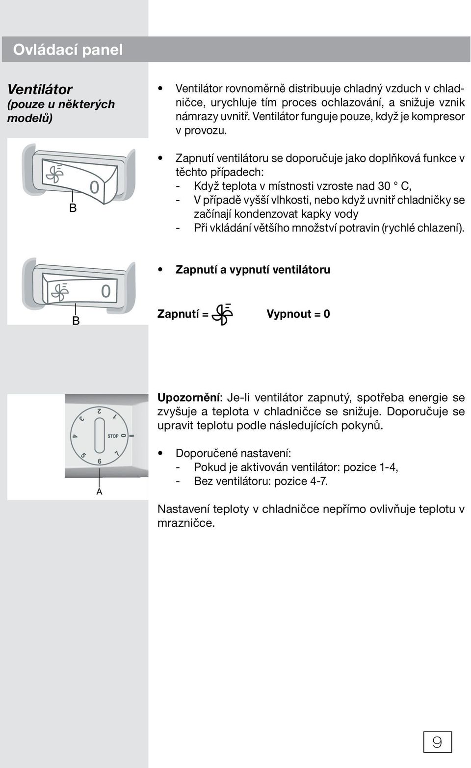 Zapnutí ventilátoru se doporučuje jako doplňková funkce v těchto případech: - Když teplota v místnosti vzroste nad 30 C, - V případě vyšší vlhkosti, nebo když uvnitř chladničky se začínají