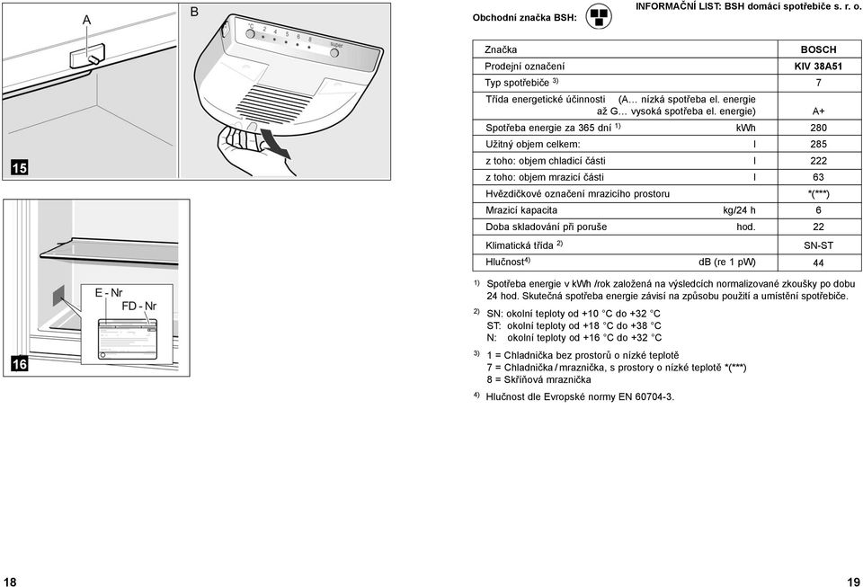 energie) A+ Spotřeba energie za 365 dní 1) kwh 280 Užitný objem celkem: l 285 z toho: objem chladicí části l 222 z toho: objem mrazicí části l 63 Hvězdičkové označení mrazicího prostoru *(***)