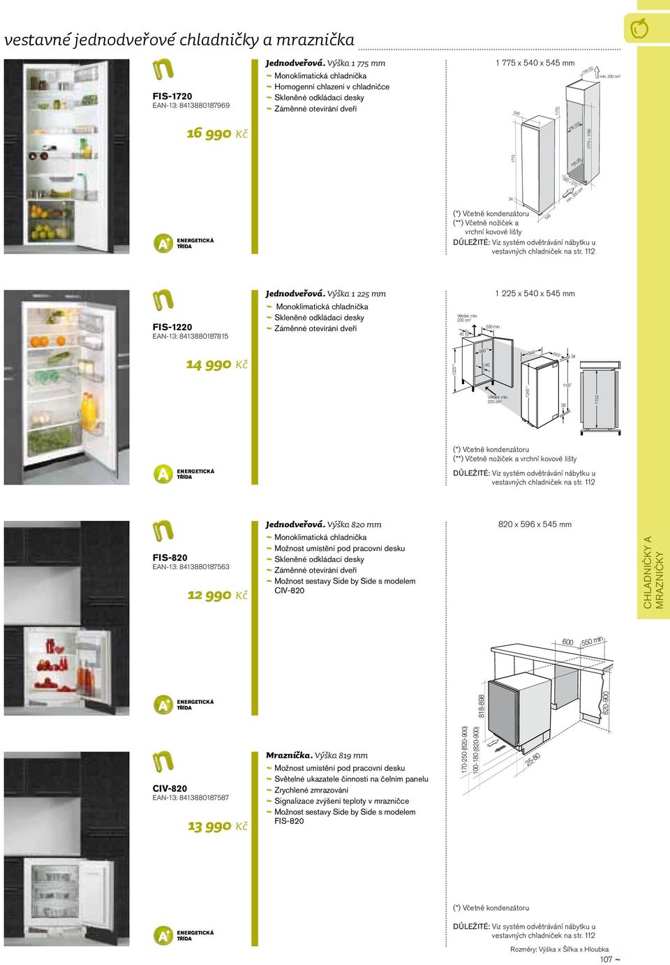 200 cm 2 16 990 Kč min 550 1775 1780 min 36 34 min. 200 cm 2 (*) Včetně kondenzátoru (**) Včetně nožiček a vrchní kovové lišty DŮLEŽITÉ: Viz systém odvětrávání nábytku u vestavných chladniček na str.