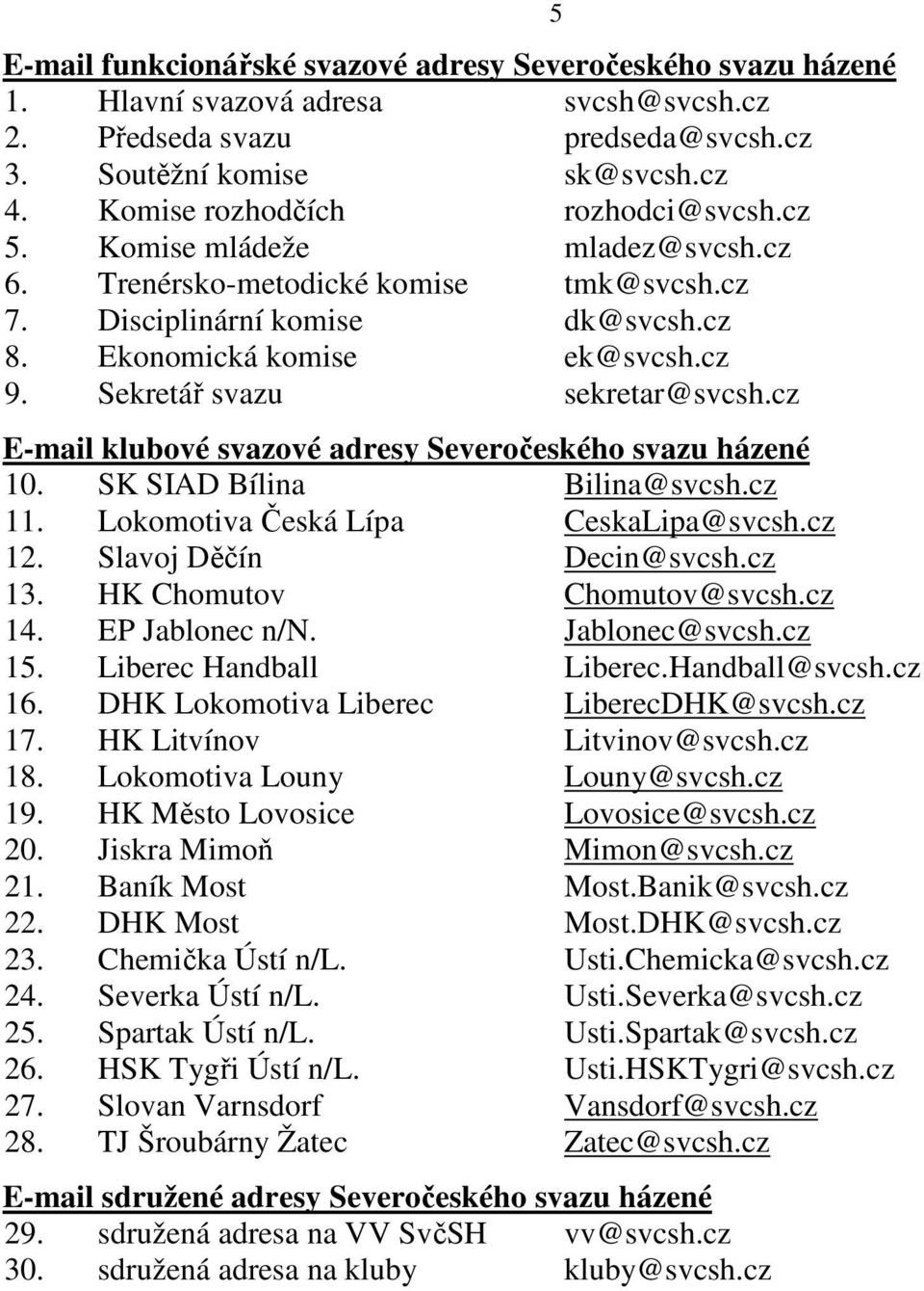 Sekretář svazu sekretar@svcsh.cz E-mail klubové svazové adresy Severočeského svazu házené 10. SK SIAD Bílina Bilina@svcsh.cz 11. Lokomotiva Česká Lípa CeskaLipa@svcsh.cz 12. Slavoj Děčín Decin@svcsh.