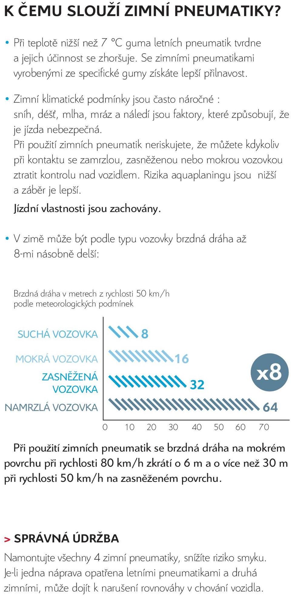 Při použití zimních pneumatik neriskujete, že můžete kdykoliv při kontaktu se zamrzlou, zasněženou nebo mokrou vozovkou ztratit kontrolu nad vozidlem. Rizika aquaplaningu jsou nižší a záběr je lepší.