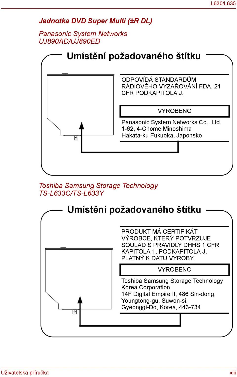 1-62, 4-Chome Mioshima Hakata-ku Fukuoka, Japosko Toshiba Samsug Storage Techology TS-L633C/TS-L633Y Umístěí požadovaého štítku PRODUKT MÁ CERTIFIKÁT