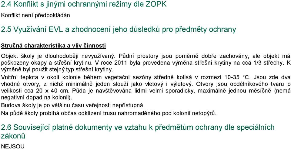 Půdní prostory jsou poměrně dobře zachovány, ale objekt má poškozeny okapy a střešní krytinu. V roce 2011 byla provedena výměna střešní krytiny na cca 1/3 střechy.