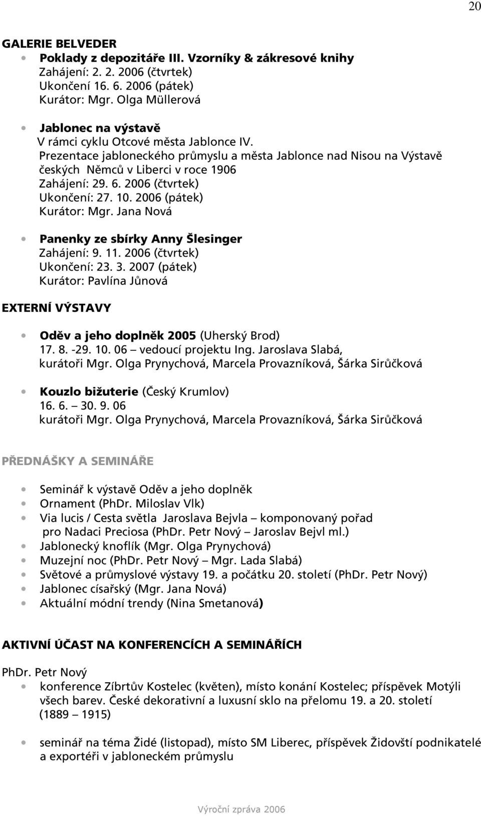 2006 (čtvrtek) Ukončení: 27. 10. 2006 (pátek) Kurátor: Mgr. Jana Nová Panenky ze sbírky Anny Šlesinger Zahájení: 9. 11. 2006 (čtvrtek) Ukončení: 23. 3.