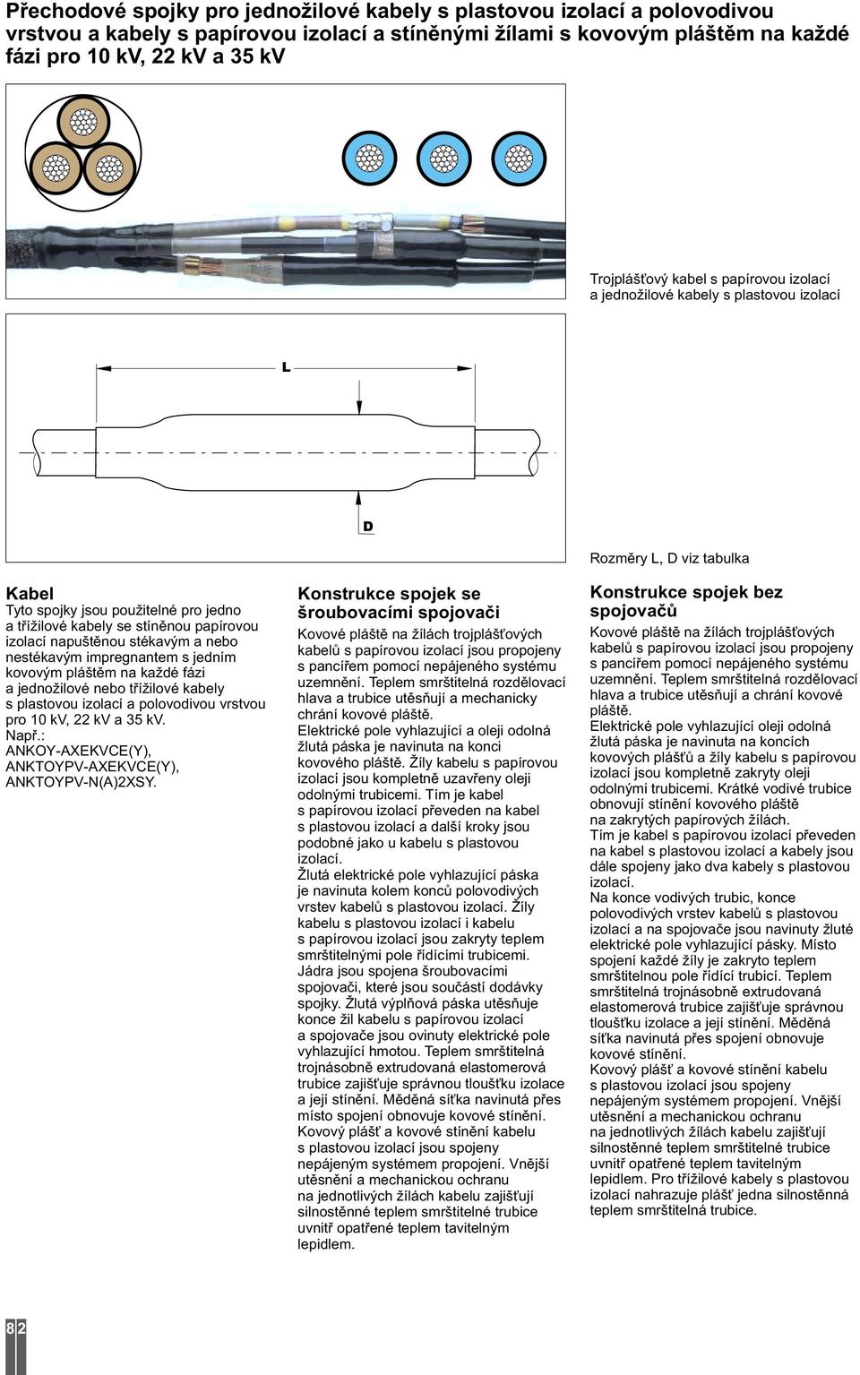 napuštěnou stékavým a nebo nestékavým impregnantem s jedním kovovým pláštěm na každé fázi a jednožilové nebo třížilové kabely s plastovou izolací a polovodivou vrstvou pro 10 kv, 22 kv a 35 kv. Např.