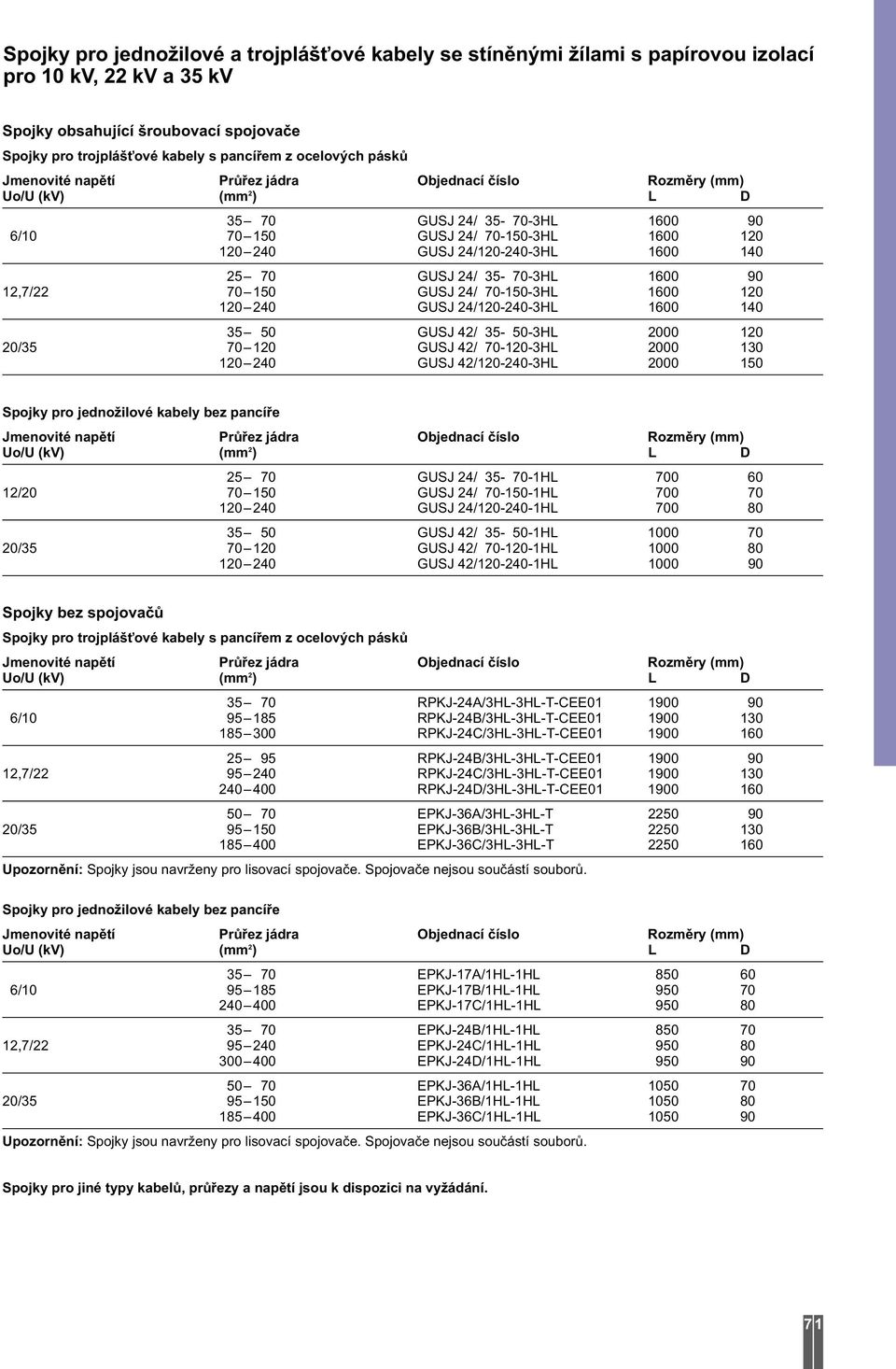 120 120 240 GUSJ 24/120-240-3HL 1600 140 35 50 GUSJ 42/ 35-50-3HL 2000 120 20/35 70 120 GUSJ 42/ 70-120-3HL 2000 130 120 240 GUSJ 42/120-240-3HL 2000 150 Spojky pro jednožilové kabely bez pancíře 25