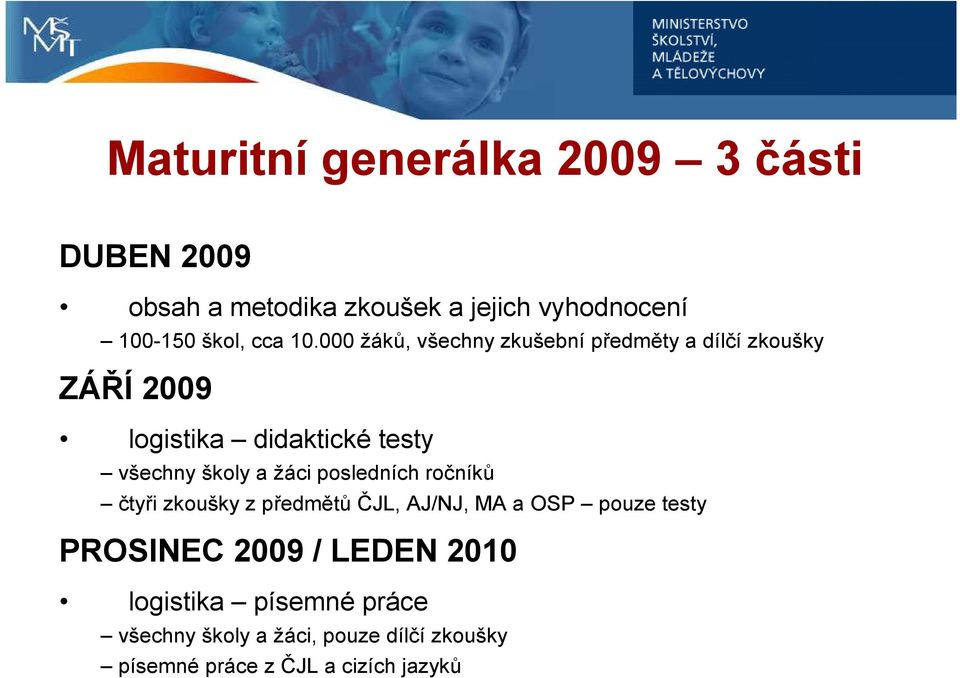 000 žáků, všechny zkušební předměty a dílčí zkoušky ZÁŘÍ 2009 logistika didaktické testy všechny školy a