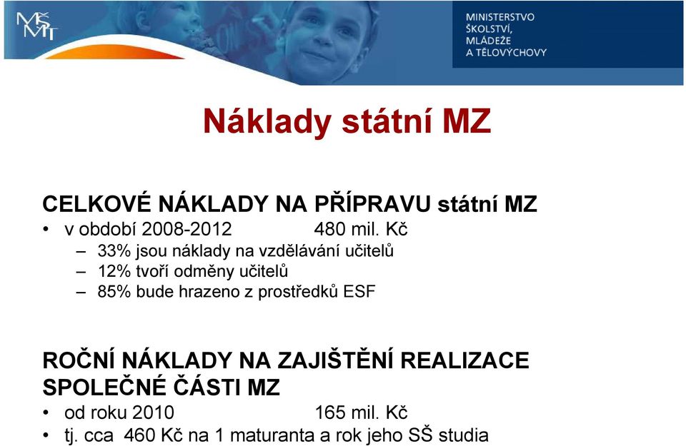 bude hrazeno z prostředků ESF ROČNÍ NÁKLADY NA ZAJIŠTĚNÍ REALIZACE SPOLEČNÉ