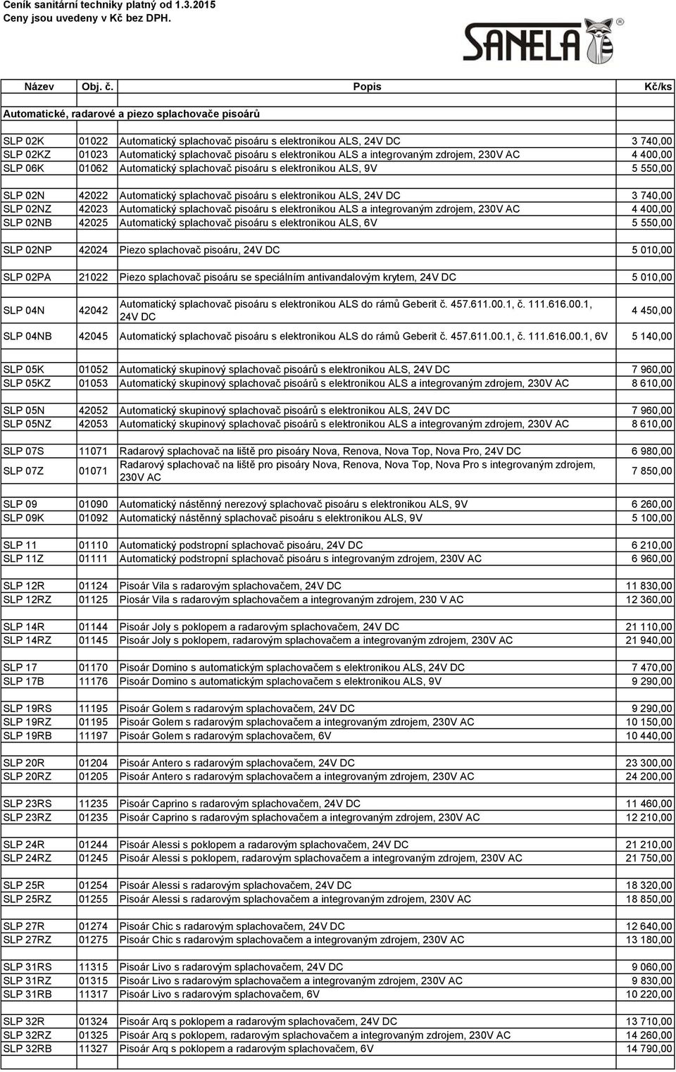 elektronikou ALS a integrovaným zdrojem, 230V AC 4 400,00 SLP 06K 01062 Automatický splachovač pisoáru s elektronikou ALS, 9V 5 550,00 SLP 02N 42022 Automatický splachovač pisoáru s elektronikou ALS,