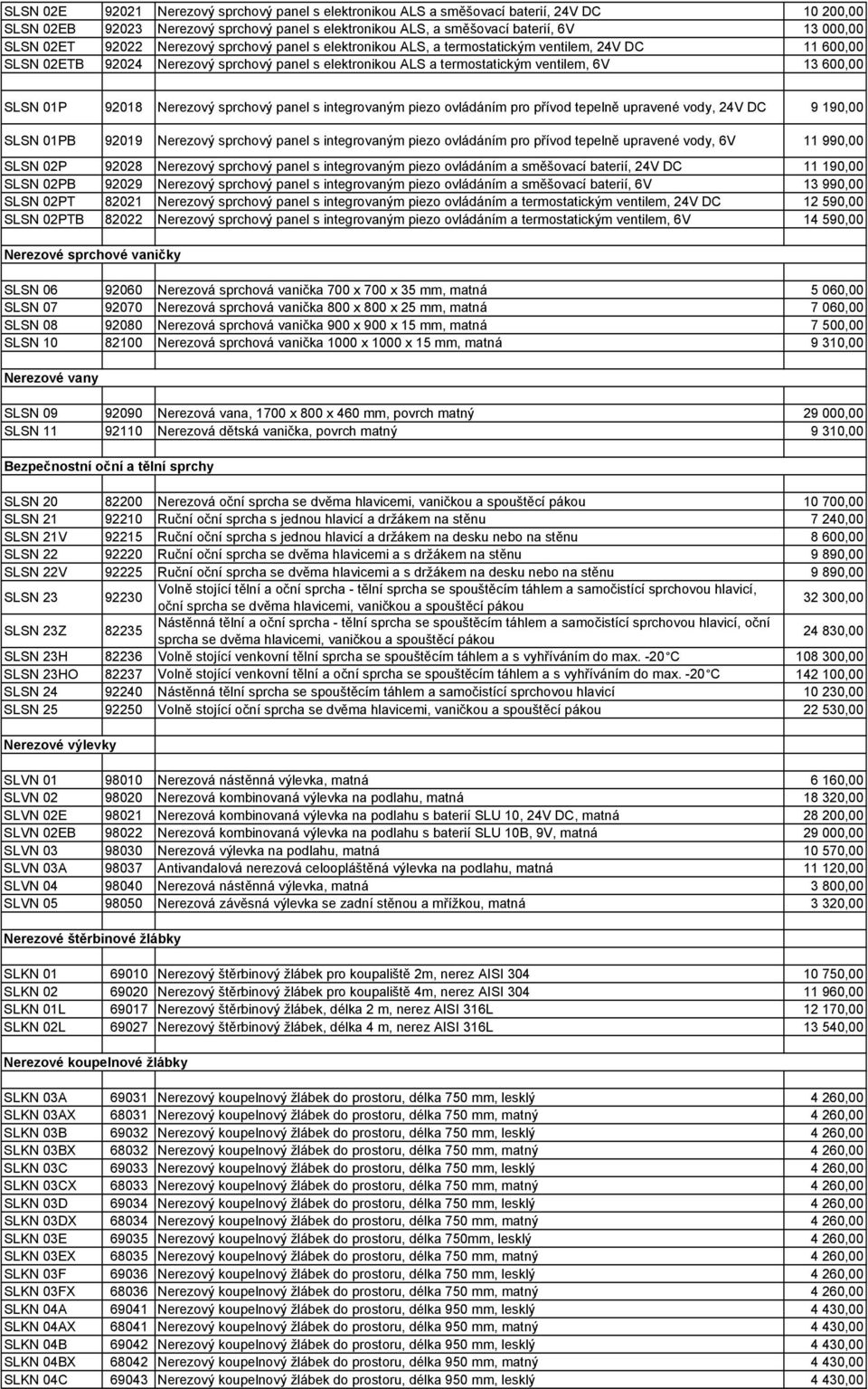 01P 92018 Nerezový sprchový panel s integrovaným piezo ovládáním pro přívod tepelně upravené vody, 24V DC 9 190,00 SLSN 01PB 92019 Nerezový sprchový panel s integrovaným piezo ovládáním pro přívod