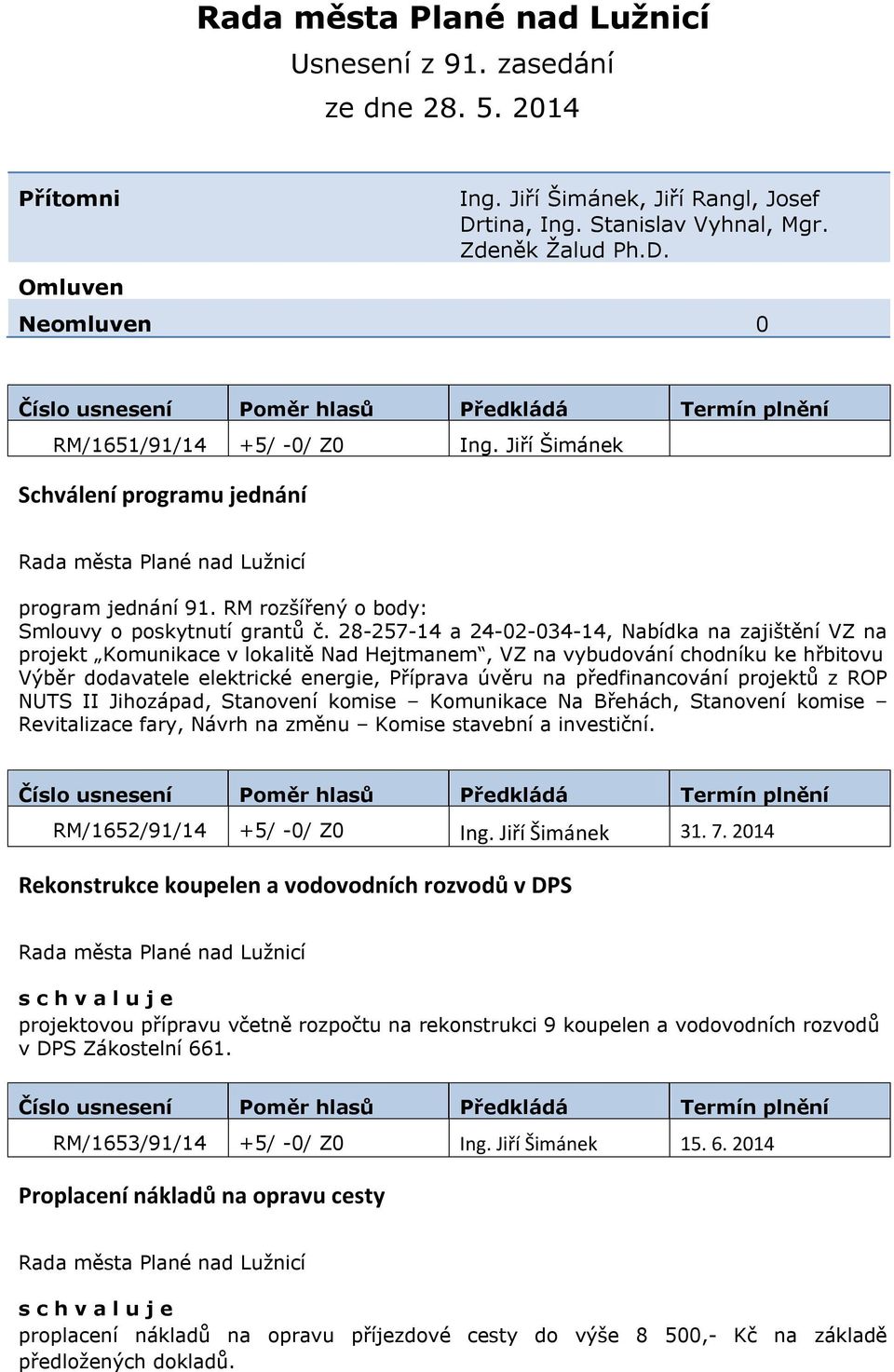 28-257-14 a 24-02-034-14, Nabídka na zajištění VZ na projekt Komunikace v lokalitě Nad Hejtmanem, VZ na vybudování chodníku ke hřbitovu Výběr dodavatele elektrické energie, Příprava úvěru na