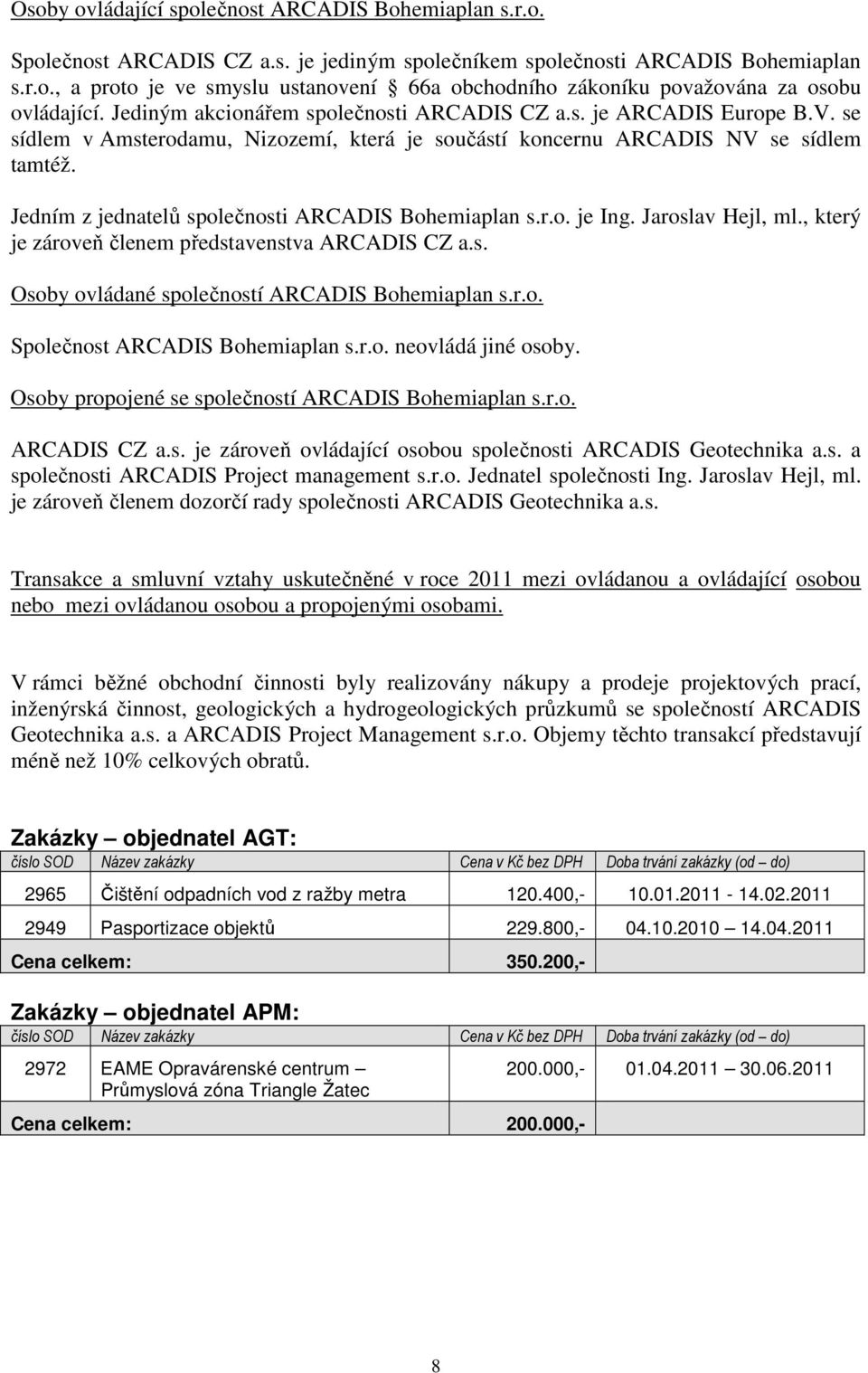 Jedním z jednatelů společnosti ARCADIS Bohemiaplan s.r.o. je Ing. Jaroslav Hejl, ml., který je zároveň členem představenstva ARCADIS CZ a.s. Osoby ovládané společností ARCADIS Bohemiaplan s.r.o. Společnost ARCADIS Bohemiaplan s.