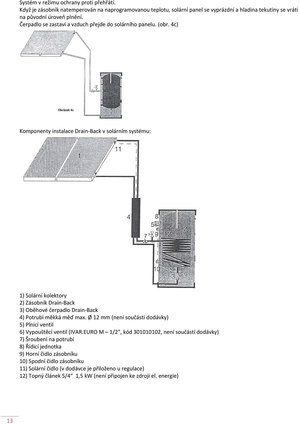 4c) Komponenty instalace Drain Back v solárním systému: 1) Solární kolektory 2) Zásobník Drain Back 3) Oběhové čerpadlo Drain Back 4) Potrubí měkká měď max.