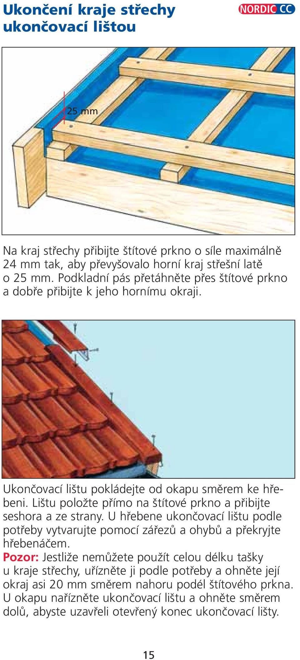 Li tu poloïte pfiímo na títové prkno a pfiibijte seshora a ze strany. U hfiebene ukonãovací li tu podle potfieby vytvarujte pomocí záfiezû a ohybû a pfiekryjte hfiebenáãem.