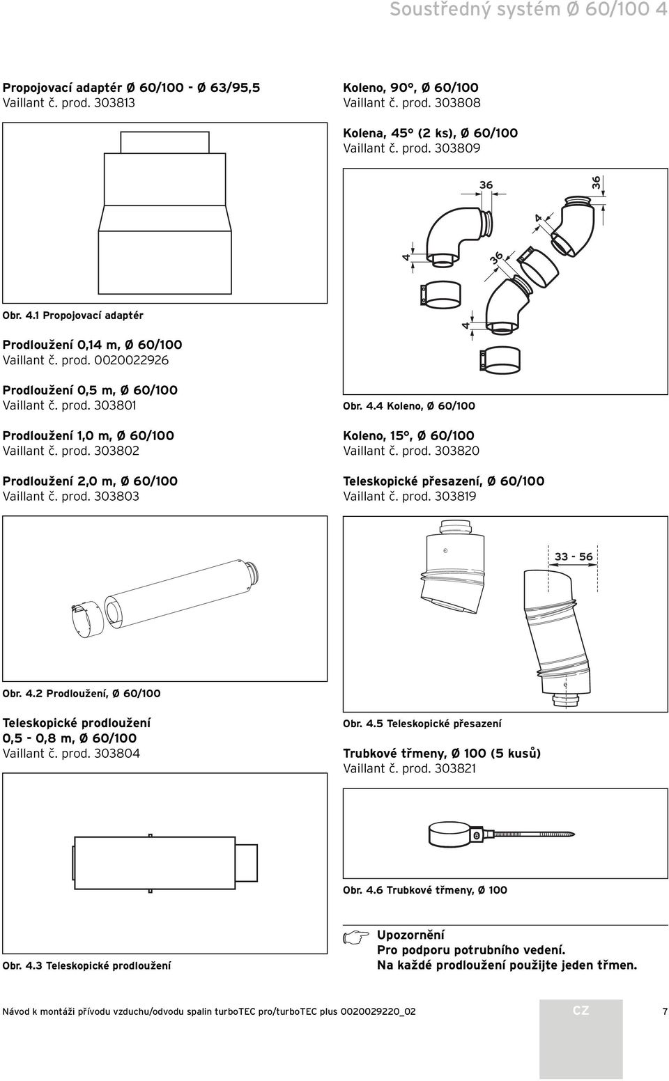 . Koleno, Ø 60/00 Koleno, 5, Ø 60/00 Vaillant č. prod. 080 Teleskopické přesazení, Ø 60/00 Vaillant č. prod. 089-56 Obr.. Prodloužení, Ø 60/00 Teleskopické prodloužení 0,5-0,8 m, Ø 60/00 Vaillant č.