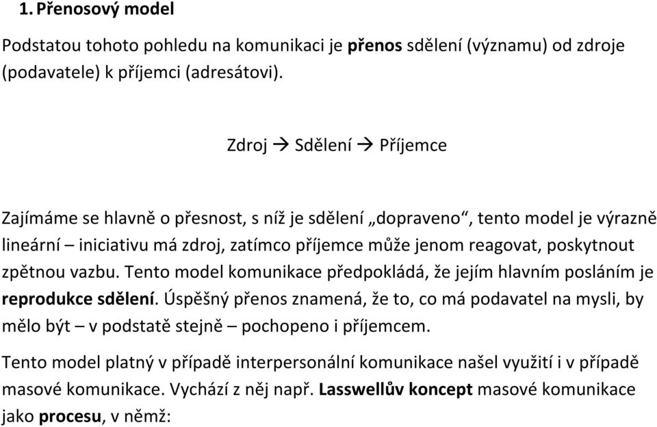 poskytnout zpětnou vazbu. Tento model komunikace předpokládá, že jejím hlavním posláním je reprodukce sdělení.