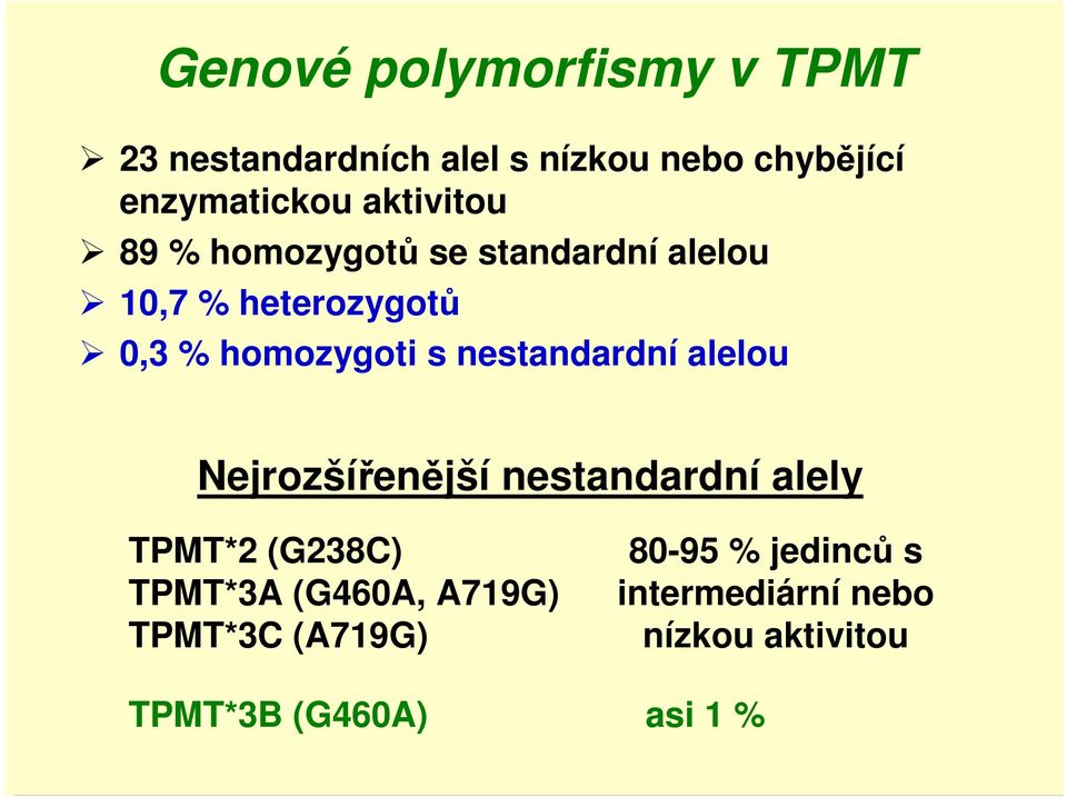 nestandardní alelou Nejrozšířenější nestandardní alely TPMT*2 (G238C) TPMT*3A (G460A,