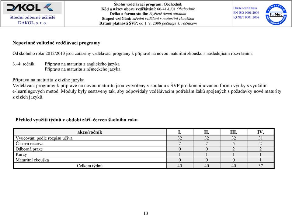 s ŠVP pro kombinovanou formu výuky s využitím e-learningových metod. Moduly byly sestaveny tak, aby odpovídaly vzdělávacím potřebám žáků spojených s požadavky nové maturity z cizích jazyků.