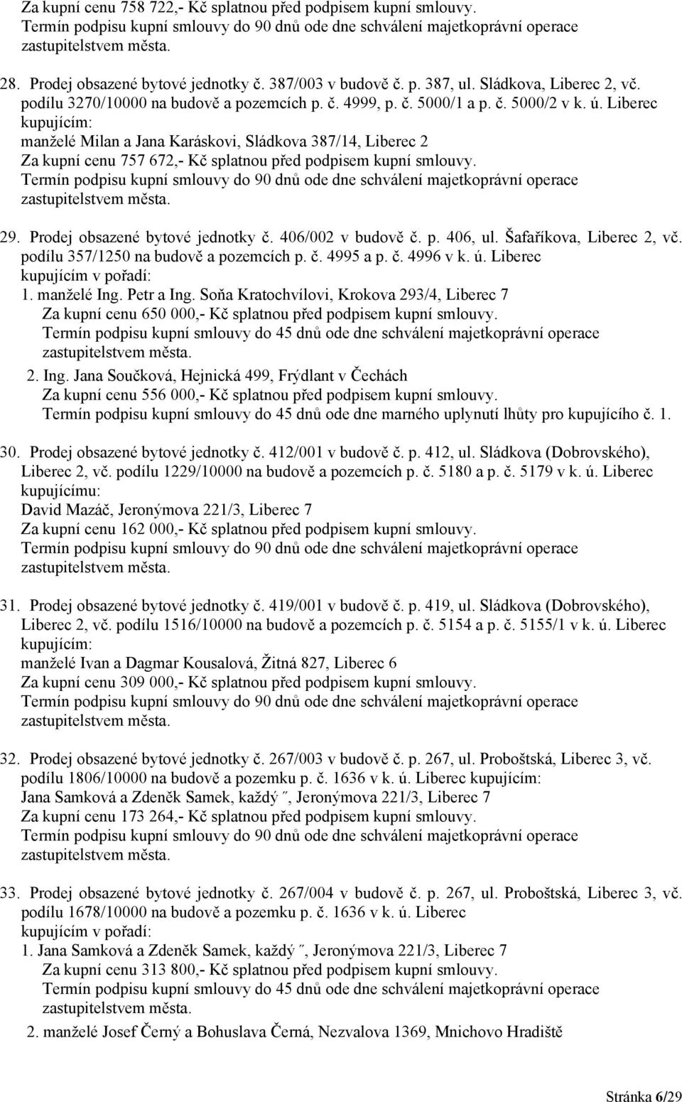 Liberec kupujícím: manželé Milan a Jana Karáskovi, Sládkova 387/14, Liberec 2 Za kupní cenu 757 672,- Kč splatnou před podpisem kupní smlouvy. 29. Prodej obsazené bytové jednotky č.