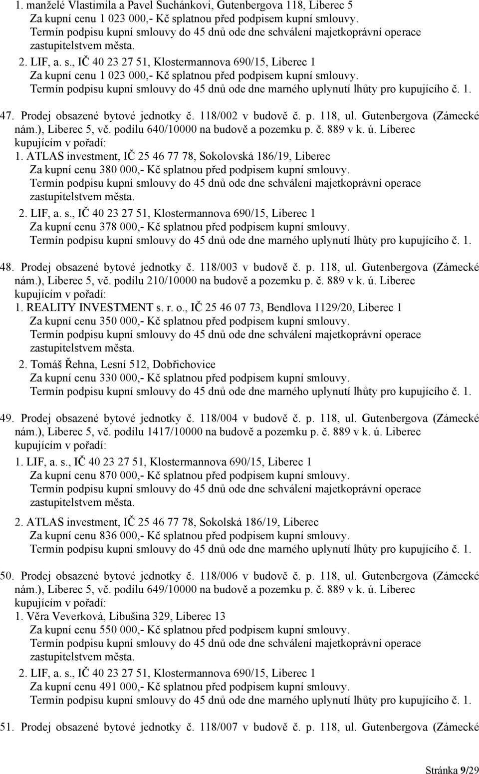 Prodej obsazené bytové jednotky č. 118/002 v budově č. p. 118, ul. Gutenbergova (Zámecké nám.), Liberec 5, vč. podílu 640/10000 na budově a pozemku p. č. 889 v k. ú. Liberec 1.