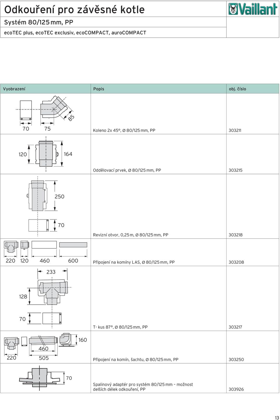 303218 Připojení na komíny LAS, Ø 80/125 mm, PP 303208 233 128 70 T- kus 87, Ø 80/125 mm, PP 303217 160 460 220 505