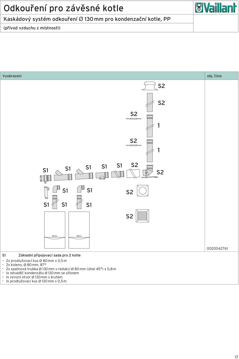 číslo 0020042761 Základní připojovací sada pro 2 kotle 2x prodlužovací kus Ø 80 mm x 0,5 m 2x