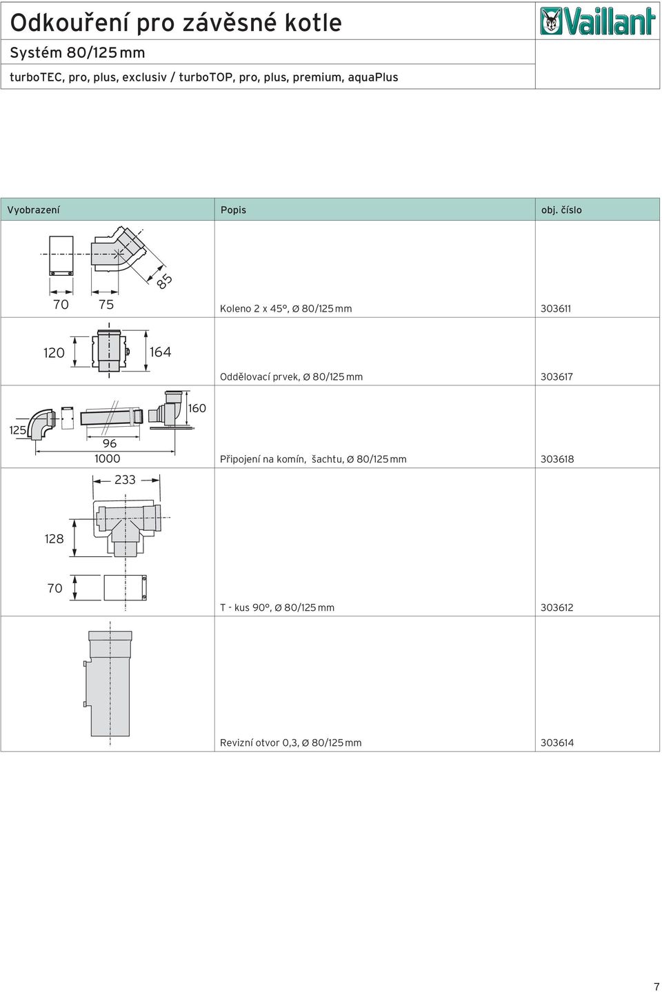 164 Oddělovací prvek, Ø 80/125 mm 303617 233 Připojení na komín, šachtu, Ø 80/125