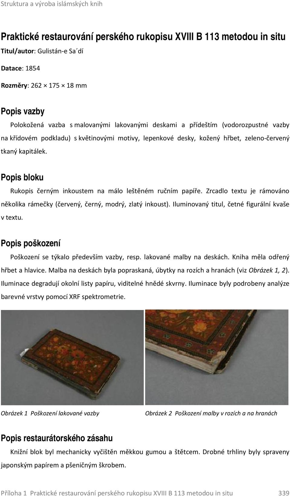 Popis bloku Rukopis černým inkoustem na málo leštěném ručním papíře. Zrcadlo textu je rámováno několika rámečky (červený, černý, modrý, zlatý inkoust).