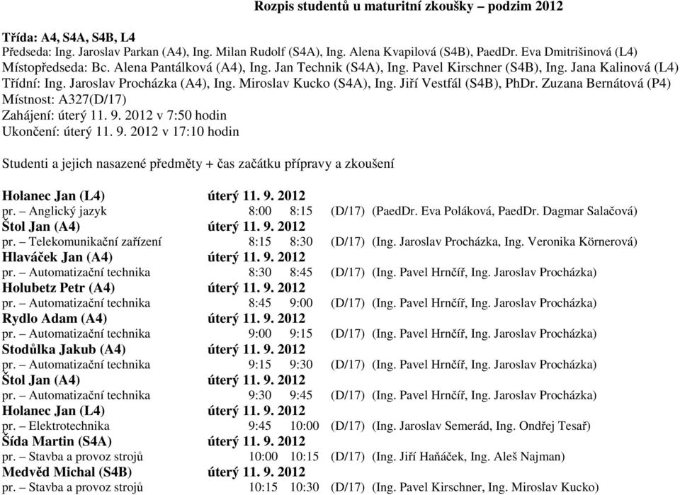 Miroslav Kucko (S4A), Ing. Jiří Vestfál (S4B), PhDr. Zuzana Bernátová (P4) Místnost: A327(D/17) Zahájení: úterý 11. 9.