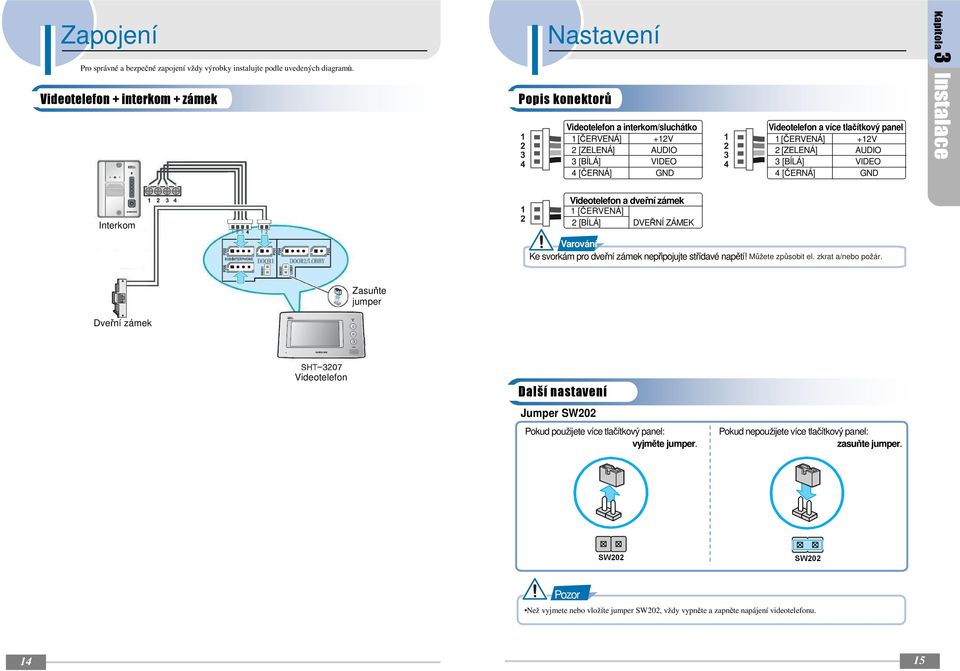 [ČERVENÁ] +12V 2 [ZELENÁ] AUDIO 3 [BÍLÁ] VIDEO 4 [ČERNÁ] GND Kapitola 3 Instalace Interkom Videotelefon a dveřní zámek 1 [ČERVENÁ] 2 [BÍLÁ] DVEŘNÍ ZÁMEK Varování Ke svorkám pro dveřní zámek