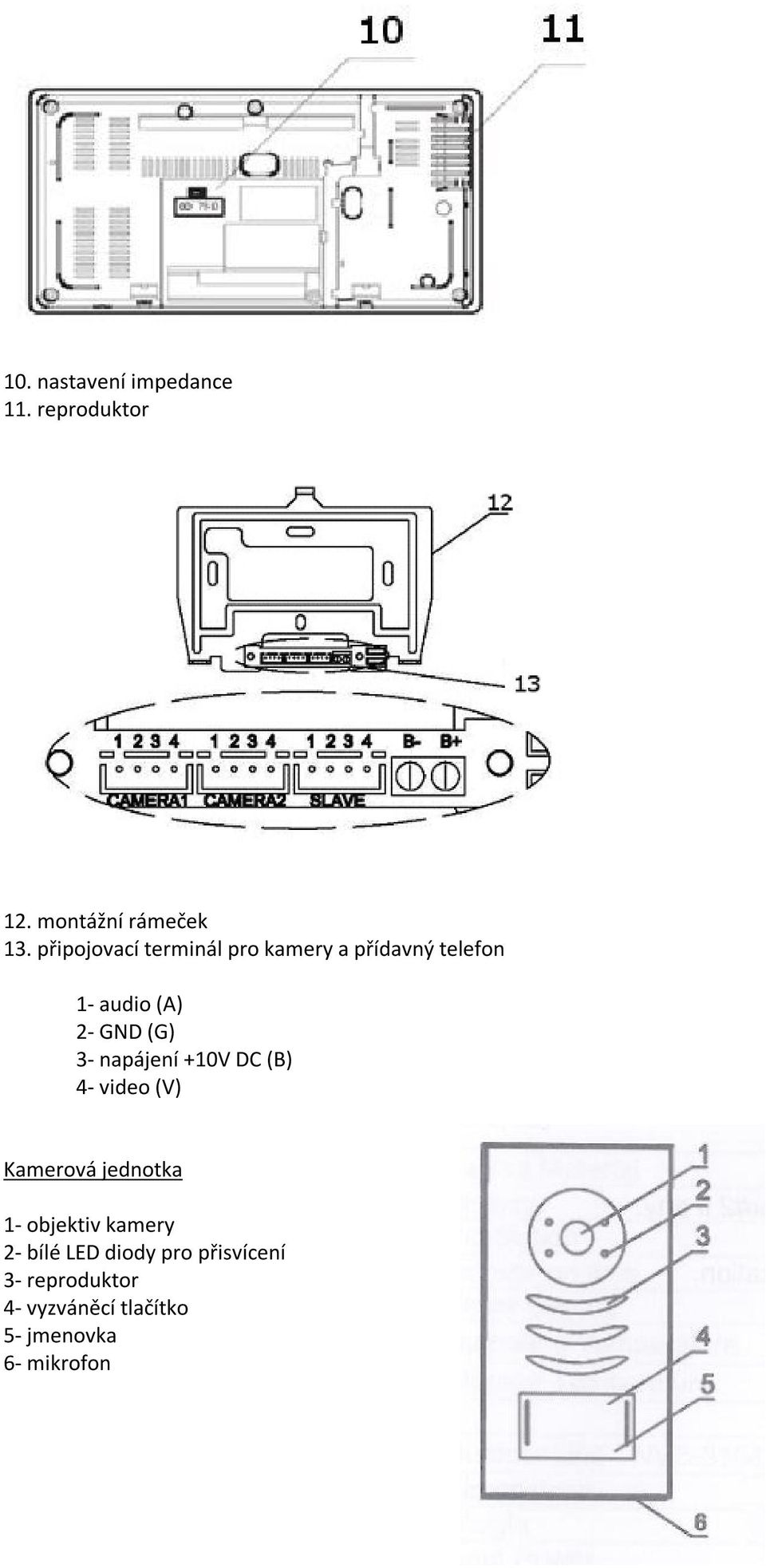 3- napájení +10V DC (B) 4- video (V) Kamerová jednotka 1- objektiv kamery 2-