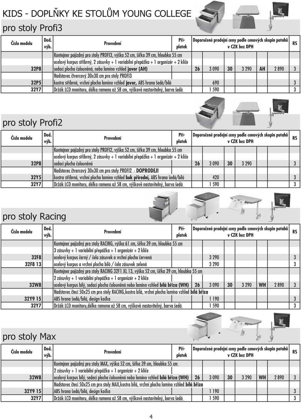 monitoru, délka ramena až 58 cm, výškově nastavitelný, barva šedá 1 590 3 Kontejner pojízdný pro stoly PROFI2, výška 52 cm, šířka 39 cm, hloubka 55 cm ocelový korpus stříbrný, 2 zásuvky + 1