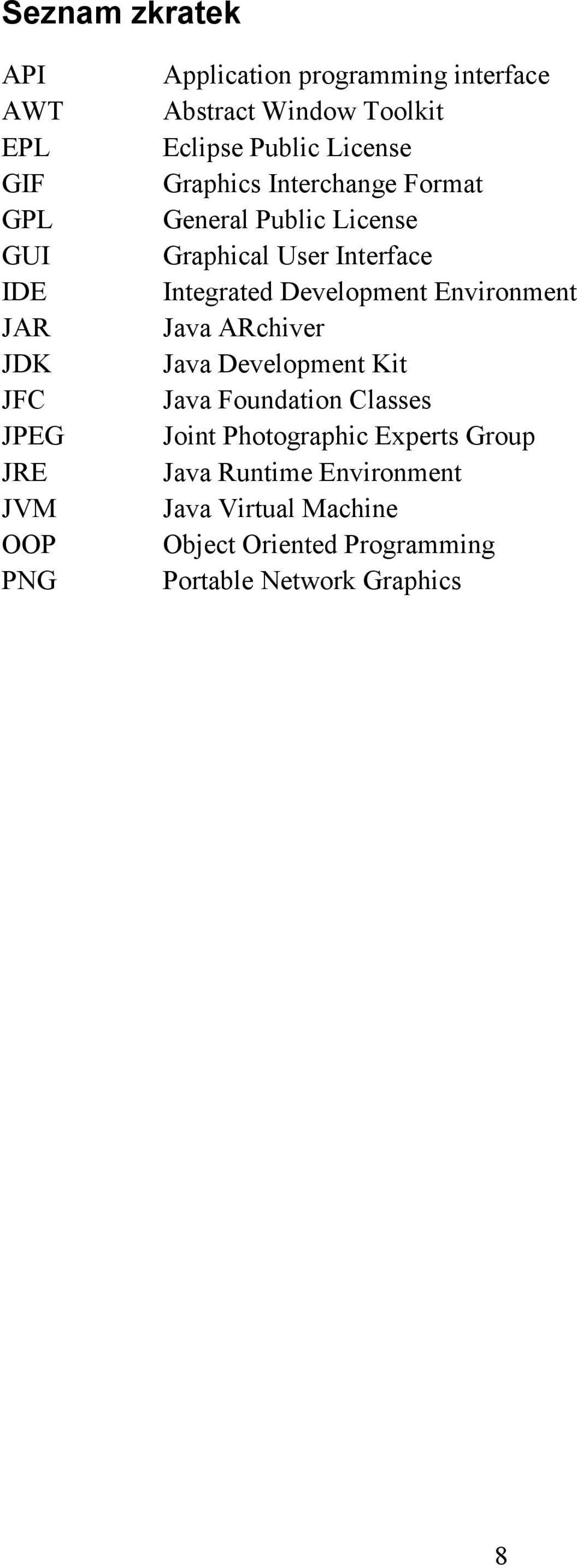 Interface Integrated Development Environment Java ARchiver Java Development Kit Java Foundation Classes Joint