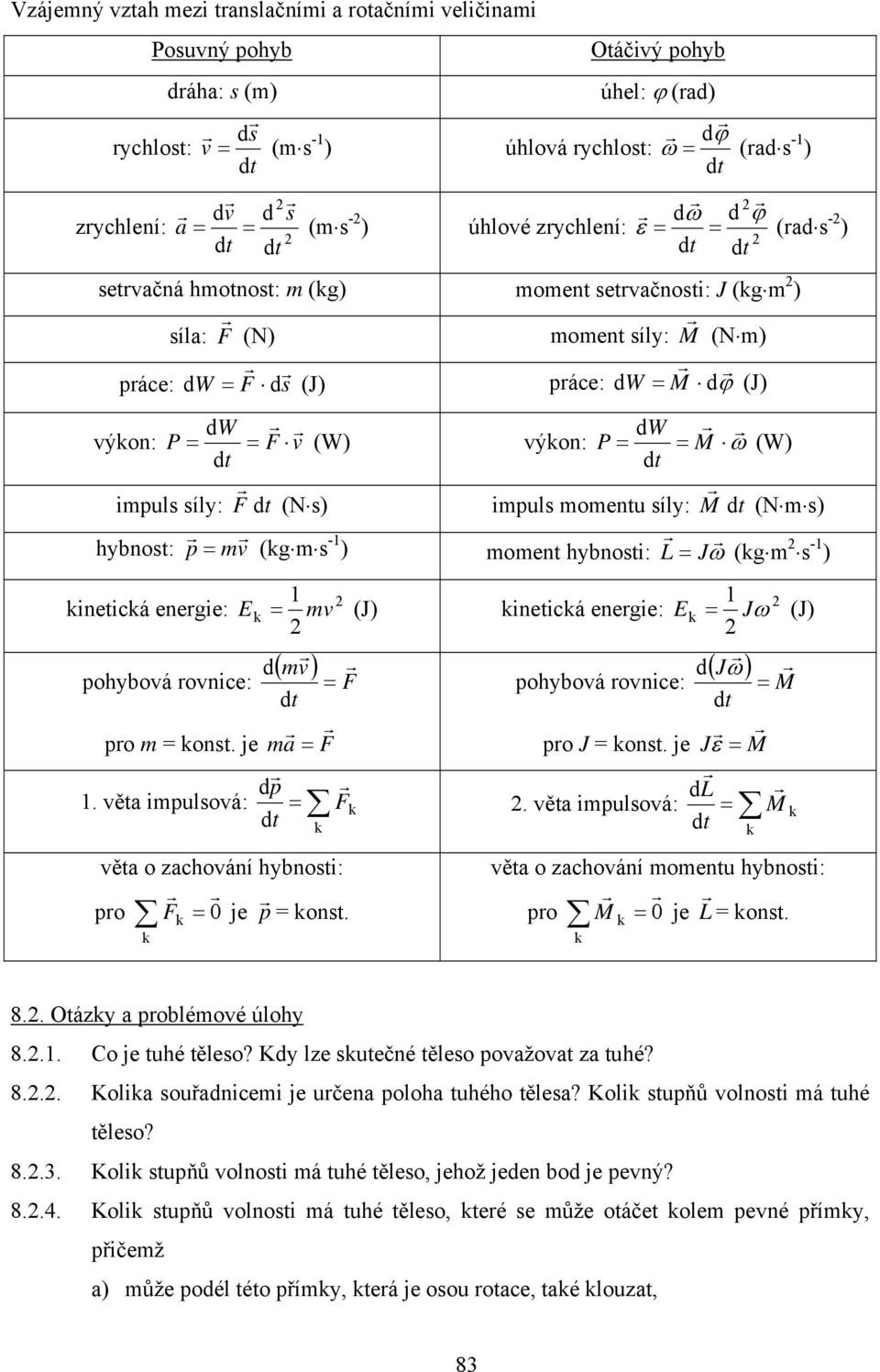 výkon: P = = M ω (W) d t impuls síly: F (N s) impuls momentu síly: M (N m s) hybnost: p = mv (kg m s - ) moment hybnosti: L = J ω (kg m s - ) kinetická enegie: mv d( mv ) pohybová ovnice: = F po m =