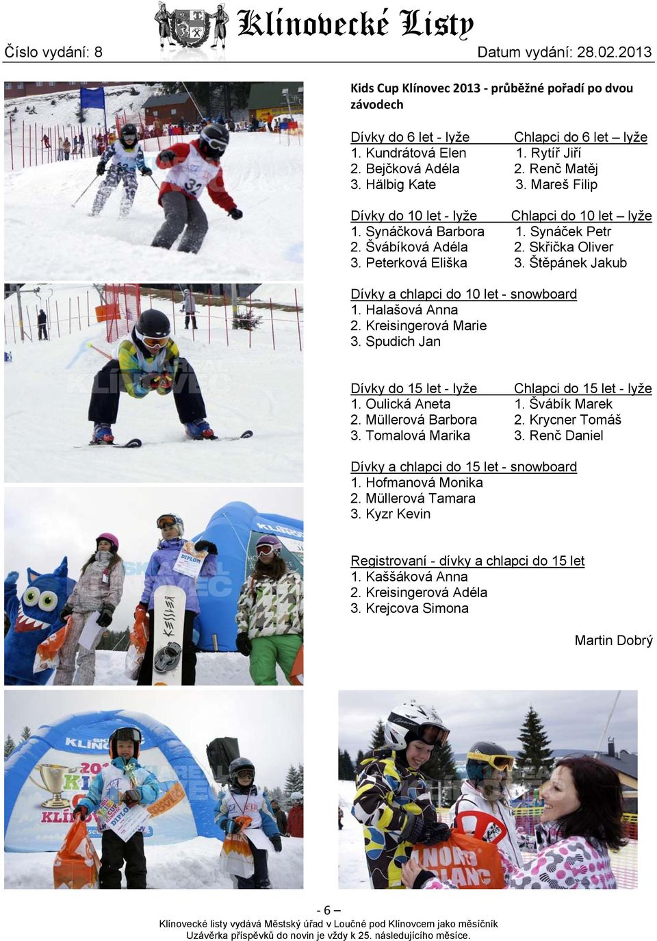 Štěpánek Jakub Dívky a chlapci do 10 let - snowboard 1. Halašová Anna 2. Kreisingerová Marie 3. Spudich Jan Dívky do 15 let - lyže Chlapci do 15 let - lyže 1. Oulická Aneta 1. Švábík Marek 2.