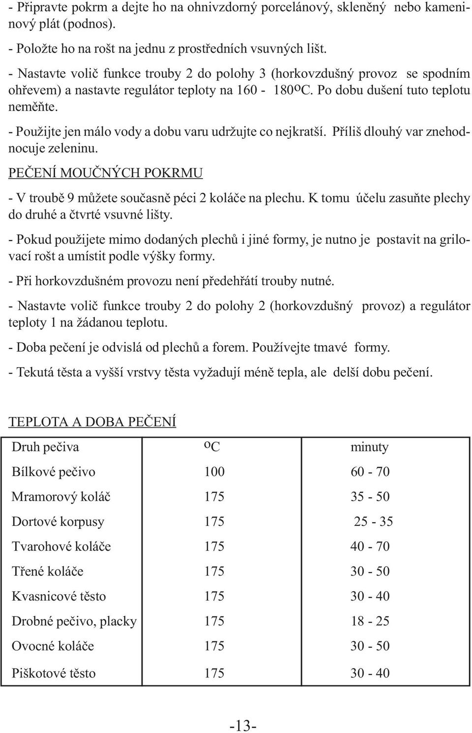 - Použijte jen málo vody a dobu varu udržujte co nejkratší. Příliš dlouhý var znehodnocuje zeleninu. PEČENÍ MOUČNÝCH POKRMU - V troubě 9 můžete současně péci 2 koláče na plechu.