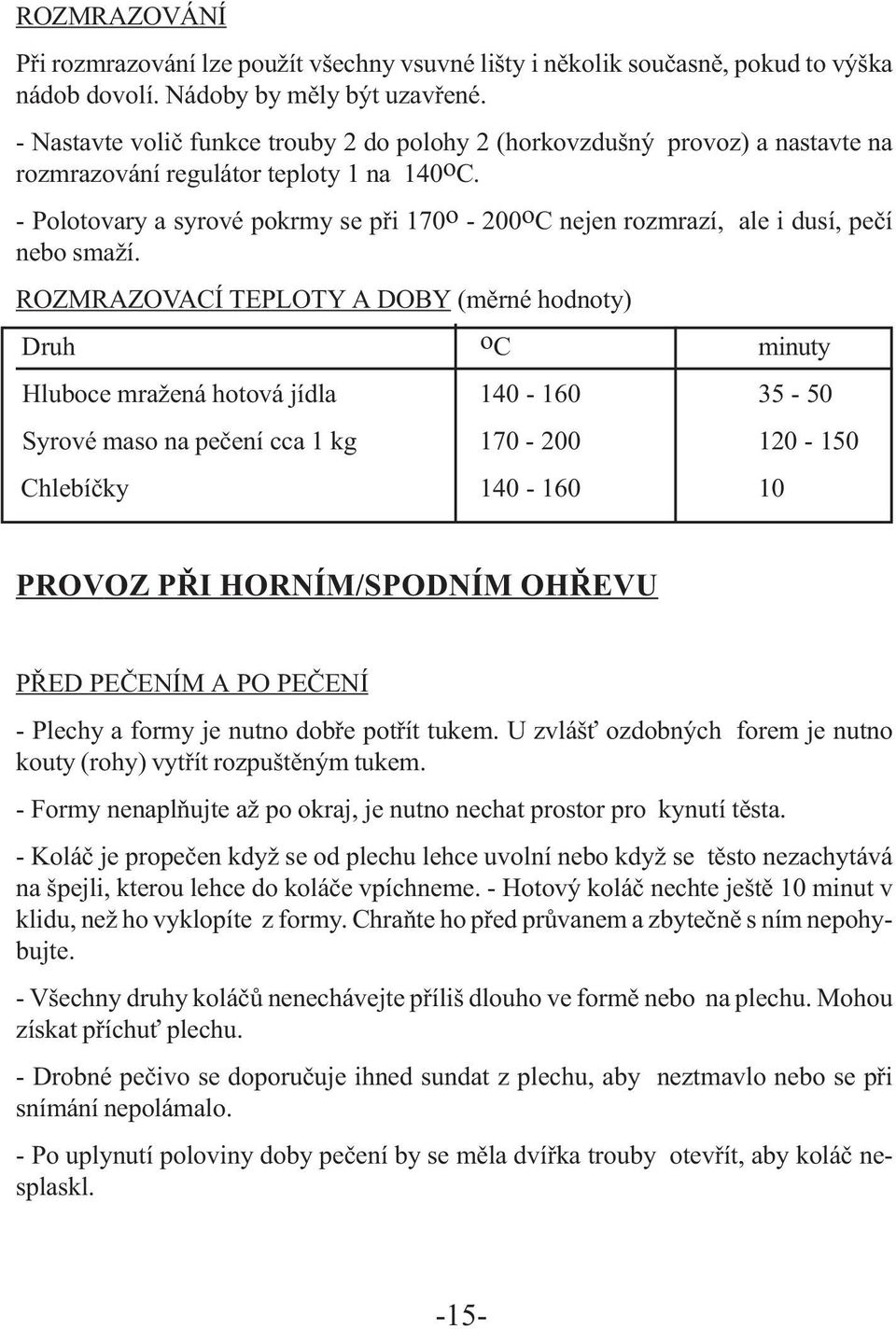 - Polotovary a syrové pokrmy se při 170 o - 200 o C nejen rozmrazí, ale i dusí, pečí nebo smaží.