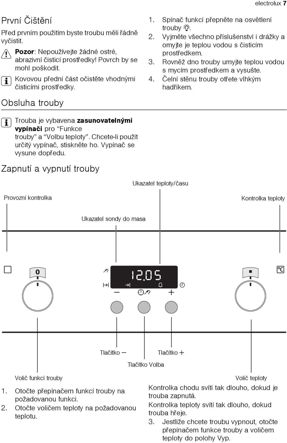 Vyjmìte všechno pøíslušenství i drážky a omyjte je teplou vodou s èisticím prostøedkem. 3. Rovnìž dno trouby umyjte teplou vodou s mycím prostøedkem a vysušte. 4.
