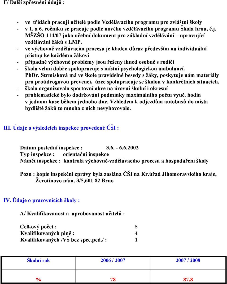 místní psychologickou ambulancí. PhDr. Strmisková má ve škole pravidelné besedy s žáky, poskytuje nám materiály pro protidrogovou prevenci, úzce spolupracuje se školou v konkrétních situacích.