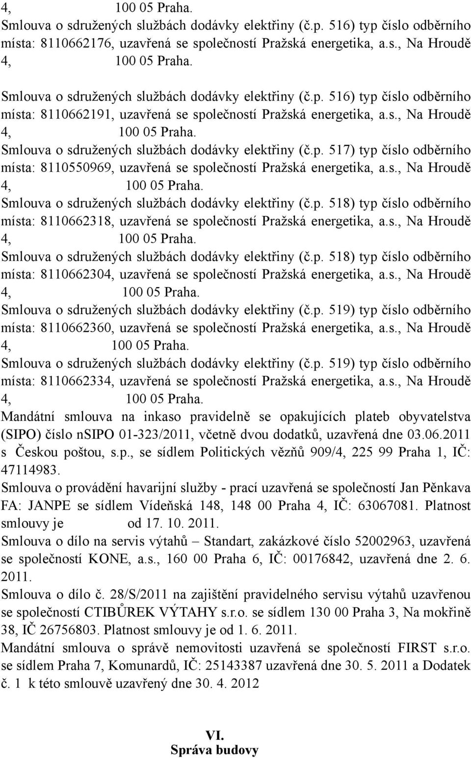 Smlouva o sdružených službách dodávky elektřiny (č.p. 517) typ číslo odběrního místa: 8110550969, uzavřená se společností Pražská energetika, a.s., Na Hroudě 4, 100 05 Praha.
