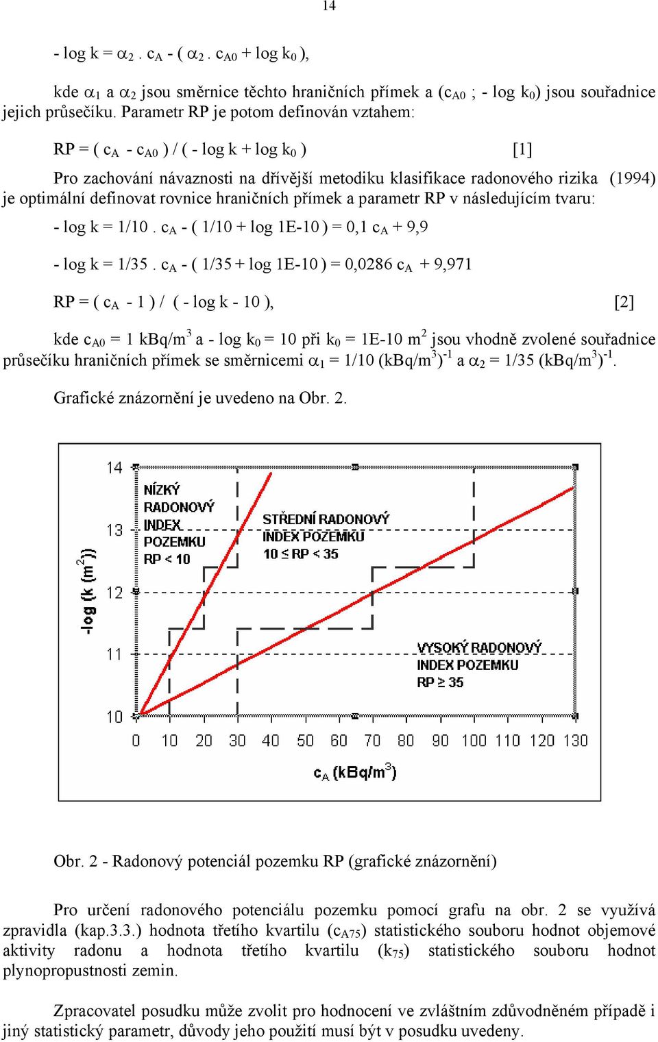 rovnice hraničních přímek a parametr RP v následujícím tvaru: - log k = 1/10. c A - ( 1/10 + log 1E-10 ) = 0,1 c A + 9,9 - log k = 1/35.