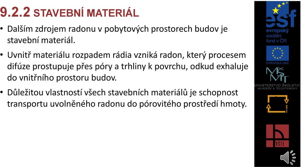 Uvnitř materiálu rozpadem rádia vzniká radon, který procesem difúze prostupuje přes póry a