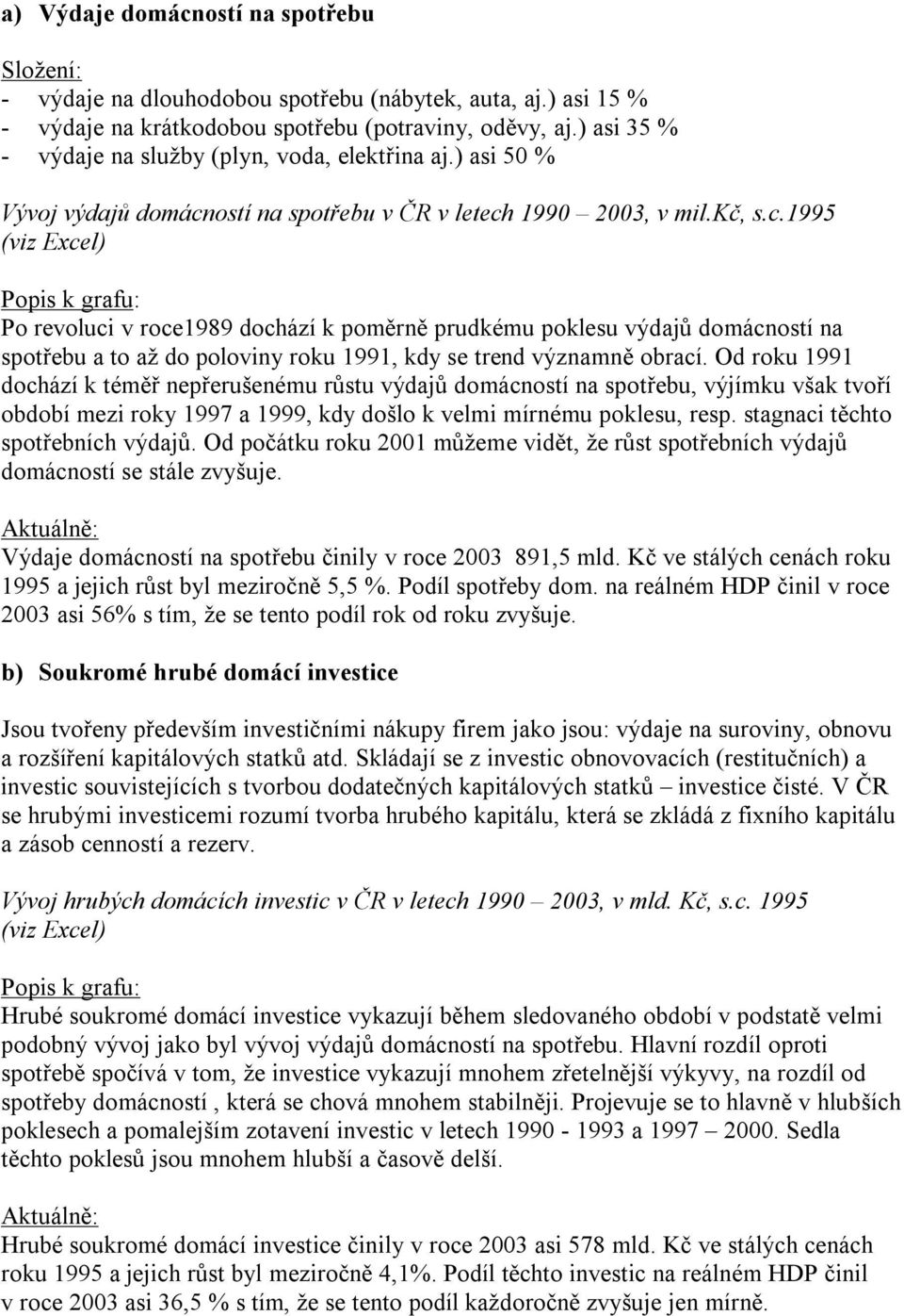 ostí na spotřebu v ČR v letech 1990 2003, v mil.kč, s.c.1995 (viz Excel) Po revoluci v roce1989 dochází k poměrně prudkému poklesu výdajů domácností na spotřebu a to až do poloviny roku 1991, kdy se trend významně obrací.